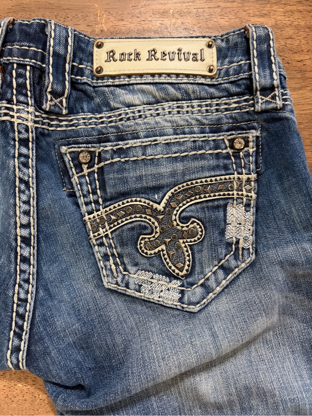 Rock Revival Blue Denim Bootcut Jeans with Embellished Back Pocket